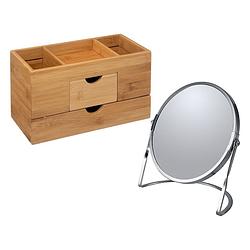 Foto van 5five make-up organizer en spiegel set - lades/vakjes - bamboe/metaal - 5x zoom spiegel - make-up dozen