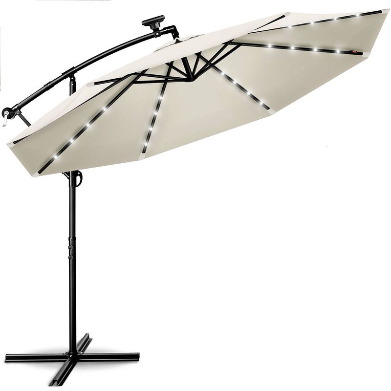 Foto van Tillvex - parasol led solar ø 3m, beige vrijdragende parasol balkon tuinparasol slinger aluminium