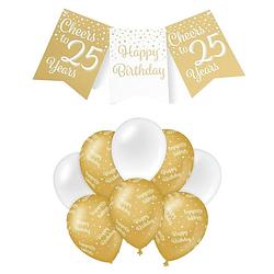 Foto van Paperdreams luxe 25 jaar feestversiering set - ballonnen & vlaggenlijnen - wit/goud - feestpakketten