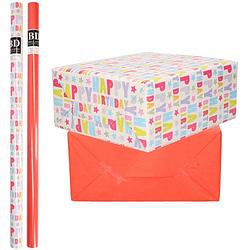 Foto van 6x rollen kraft inpakpapier happy birthday pakket - rood 200 x 70 cm - cadeaupapier