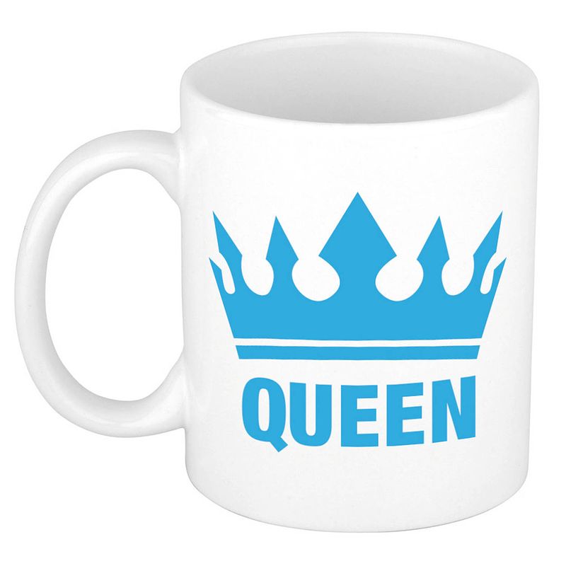 Foto van Cadeau queen mok/ beker wit met blauwe bedrukking 300 ml - feest mokken