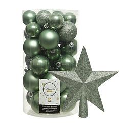 Foto van Decoris kerstballen 30x stuks - salie groen 4/5/6 cm kunststof mat/glans/glitter mix en piek - kerstbal