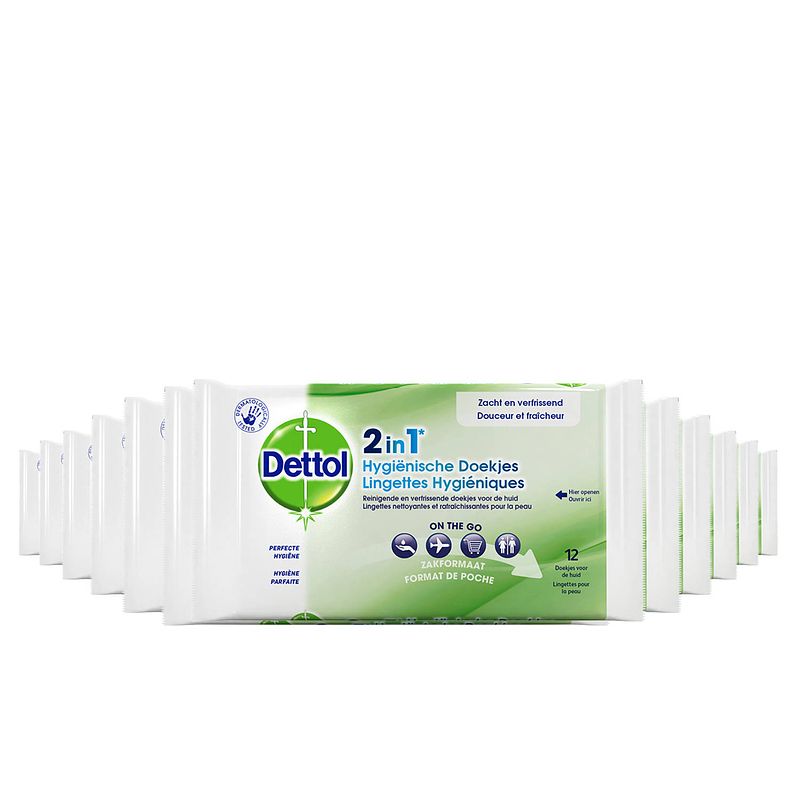 Foto van Dettol hygienische doekjes 2 in 1 - 12 stuks x12 - handig voor onderweg