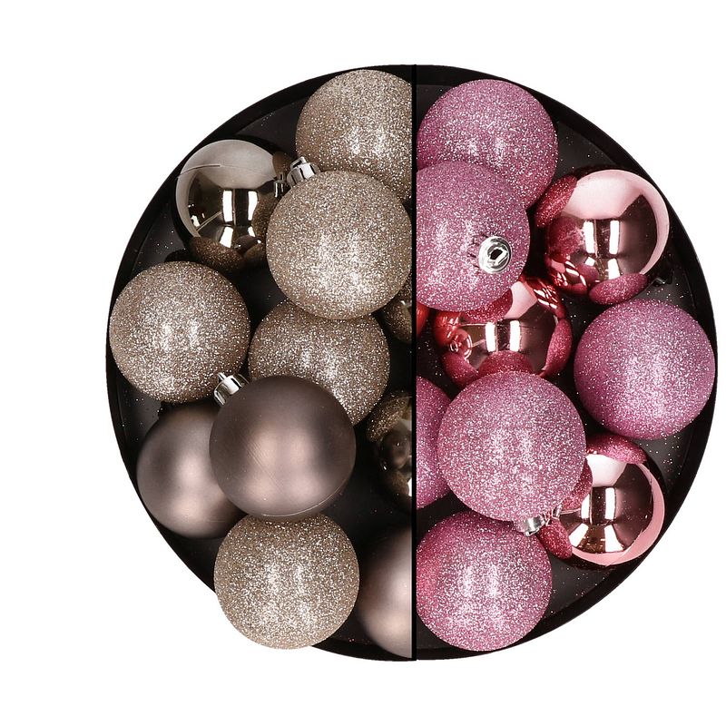 Foto van 24x stuks kunststof kerstballen mix van champagne en roze 6 cm - kerstbal