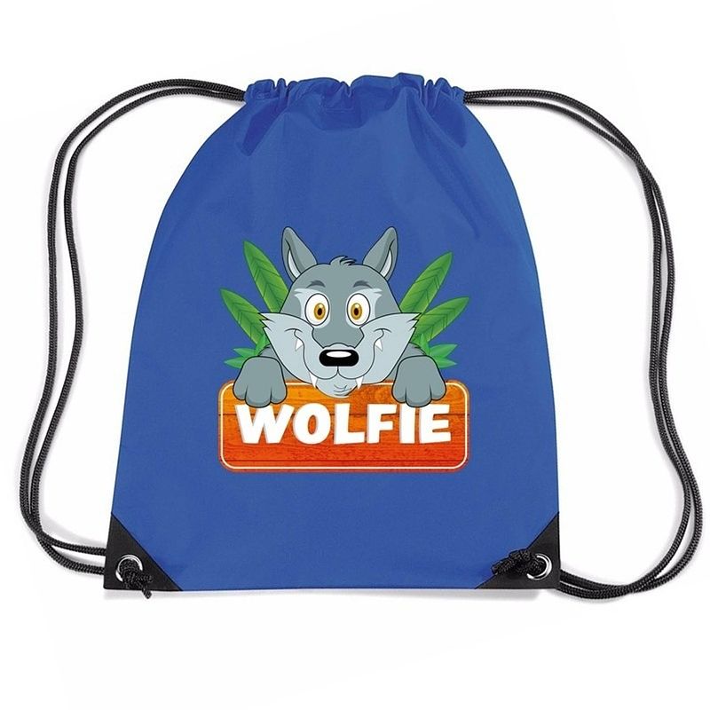 Foto van Wolfie de wolf rugtas / gymtas blauw voor kinderen - gymtasje - zwemtasje