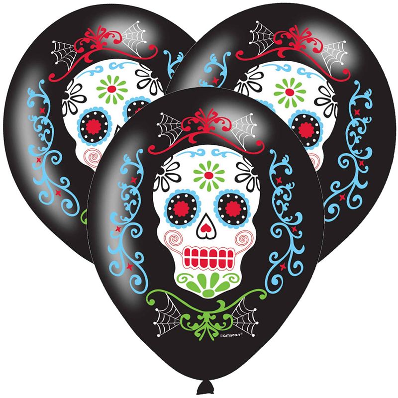 Foto van Halloween - 6x zwarte horror ballonnen day of the dead sugarskull print 27,5 cm - ballonnen