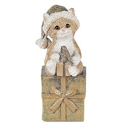 Foto van Clayre & eef kerstdecoratie beeld kat 5*4*10 cm bruin wit kunststof decoratief figuur decoratieve accessoires