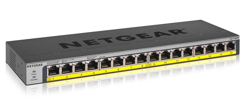 Foto van Netgear prosafe gs116pp (16-ports gigabit unmanaged poe++) switch zwart