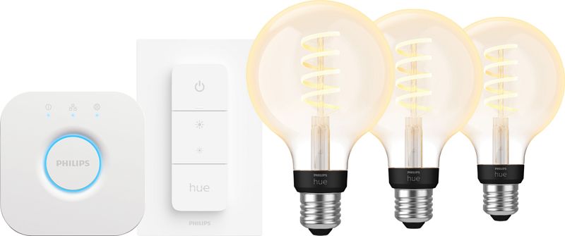 Foto van Philips hue filament white ambiance globe 3-pack startpakket