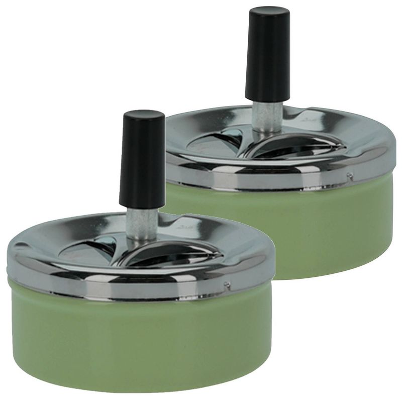 Foto van Set van 2x stuks druk en draai tafel asbak metaal groen/chrome 9 x 5 cm - asbakken