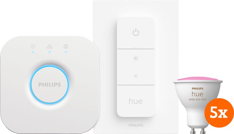 Foto van Philips hue white and color starter pack gu10 met 5 lampen, dimmer + bridge