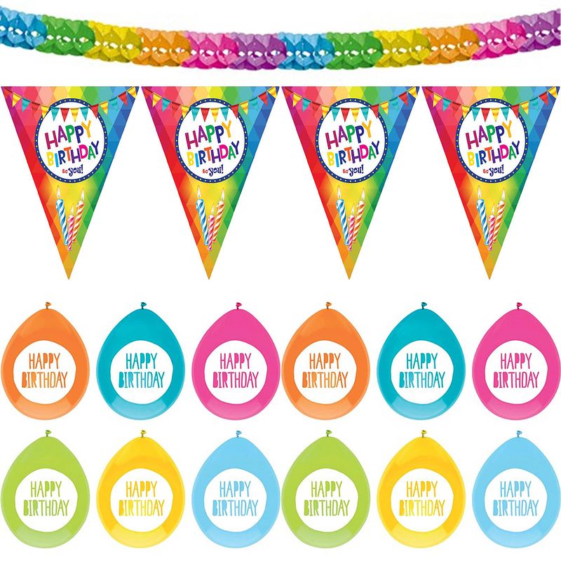Foto van Verjaardag versiering pakket happy birthday - ballonnen/vlaggetjes/feestslinger - feestslingers