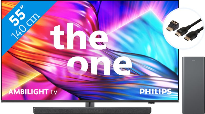 Foto van Philips the one 55pus8909 - ambilight (2024) + soundbar + hdmi kabel