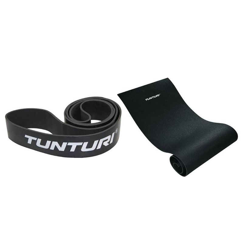 Foto van Tunturi - fitness set - weerstandsband zwart - extra heavy - fitnessmat 160 cm x 60 cm x 0,7 cm