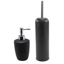 Foto van Wc-/toiletborstel en houder kunststof zwart met zeeppompje 400 ml - badkameraccessoireset