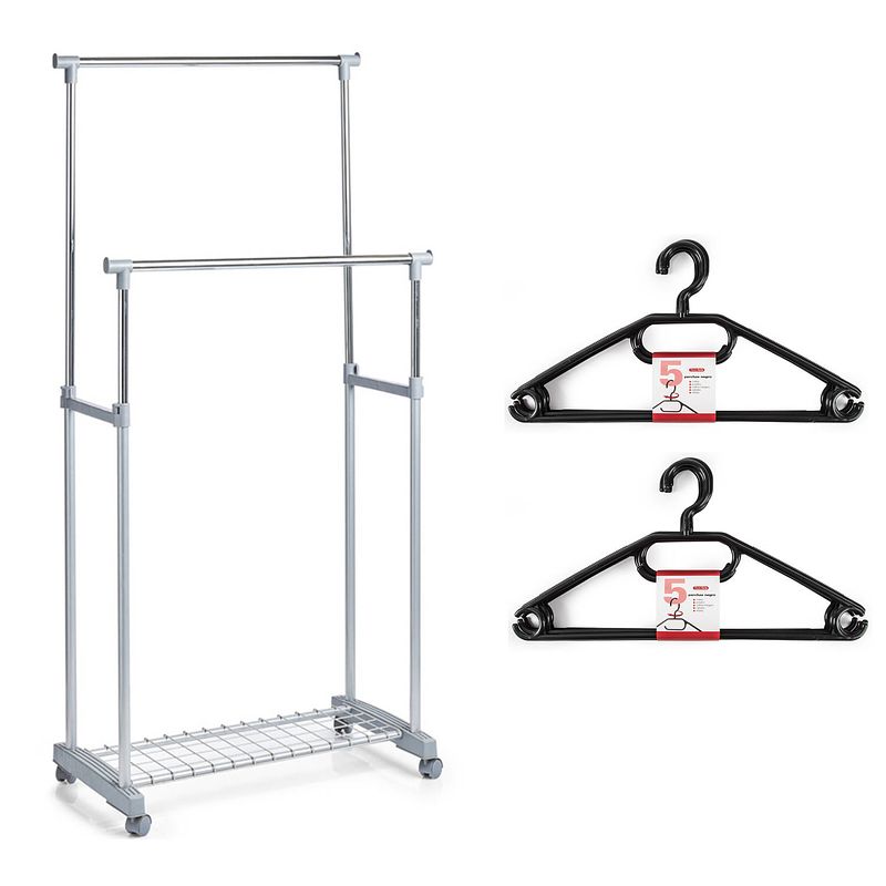 Foto van Kledingrek met kleding hangers - dubbele stang - kunststof - grijs - 83 x 43 x 107 - kledingrekken