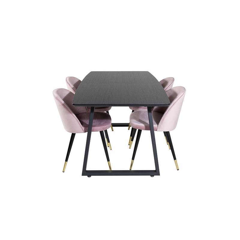 Foto van Incablbl eethoek eetkamertafel uitschuifbare tafel lengte cm 160 / 200 zwart en 4 velvet eetkamerstal velours roze,