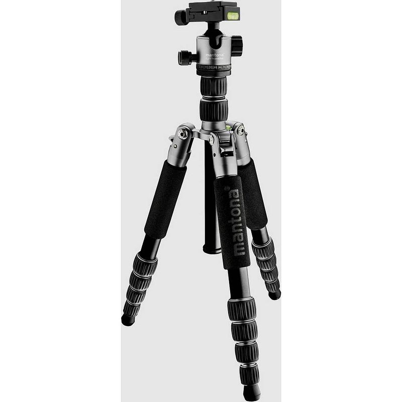 Foto van Mantona 21966 tripod 3/8 inch werkhoogte: 305 - 1310 mm zwart, grijs incl. tas, waterpas