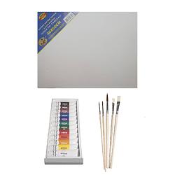 Foto van Schilders verf set van 12x tubes acrylverf/hobbyverf 12 ml + doek + 5x kwasten - hobbyverf