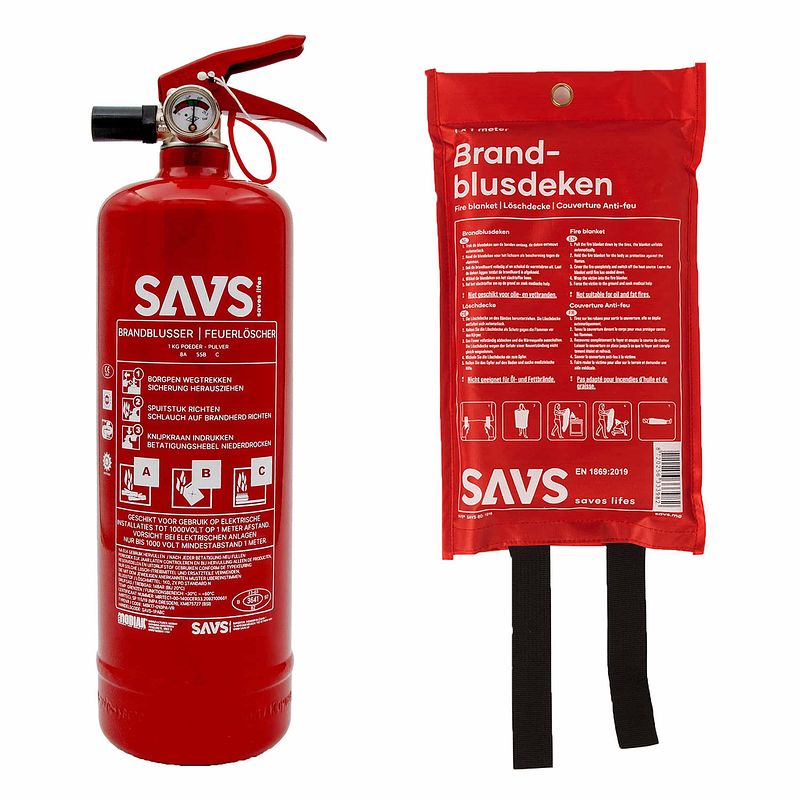 Foto van Savs® brandblus box - poederblusser + blusdeken - s - complete brandblusset - blusrating 8a 34b c en 1m x 1m