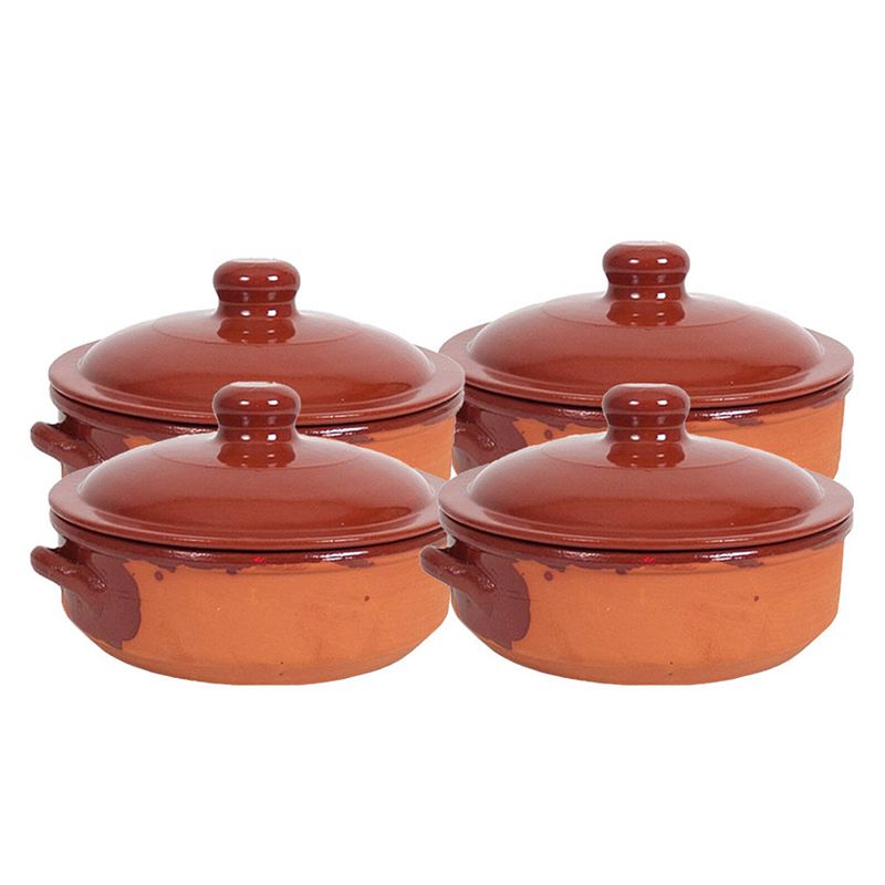 Foto van 4x terracotta braadpannen/ovenschalen klein met deksel 24 cm - braadpannen