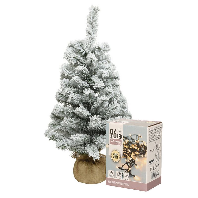 Foto van Mini kerstboom met sneeuw en warm witte verlichting 60 cm - kunstkerstboom