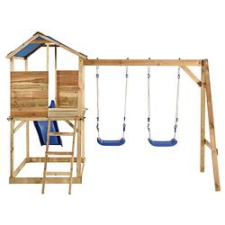 Foto van The living store speelhuisset - massief houten frame - 2 schommels - klimladder - glijbaan - 300x220x200 cm