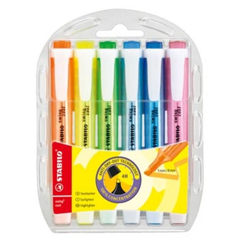 Foto van Stabilo markeerstift swing cool, plastic etui met 6 stuks in geassorteerde kleuren