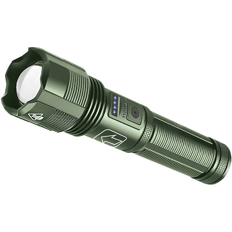 Foto van Felle led zaklamp - legergroen - 5 standen flashlight - usb-c oplaadbaar - inclusief oplaadbare batterij - aaa batterij