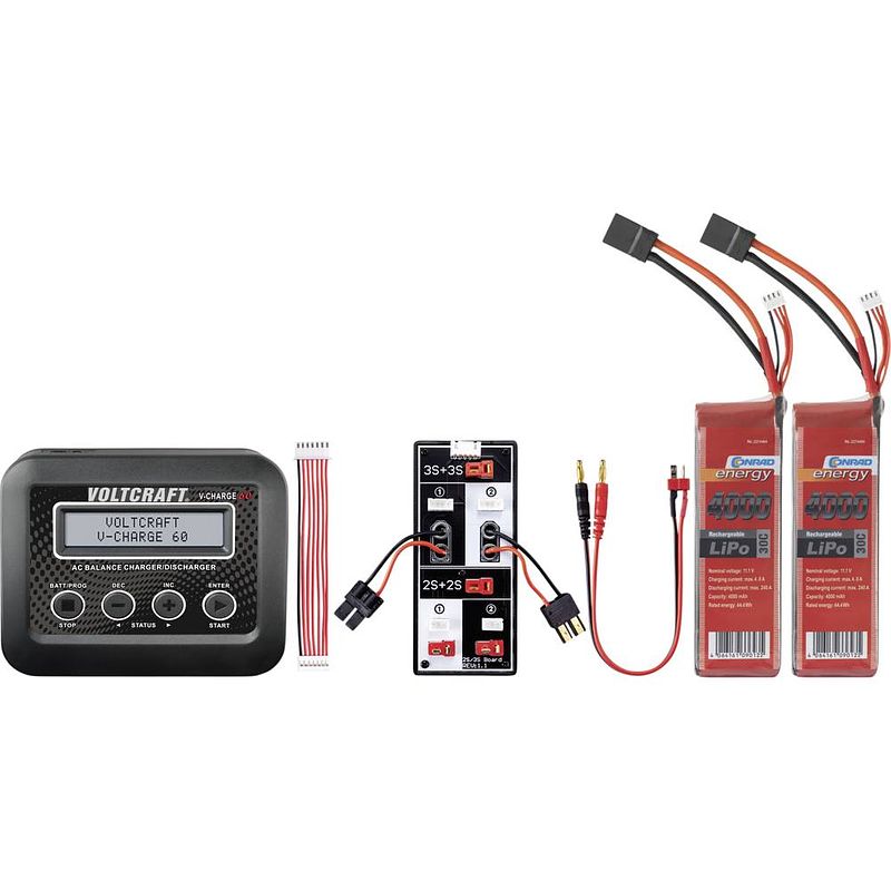 Foto van Voltcraft v-charge 60 combo modelbouwoplader 6 a li-ion, lifepo, lihv, li-poly, nicd, nimh incl. 2 li-poly accus, usb-laaduitgang