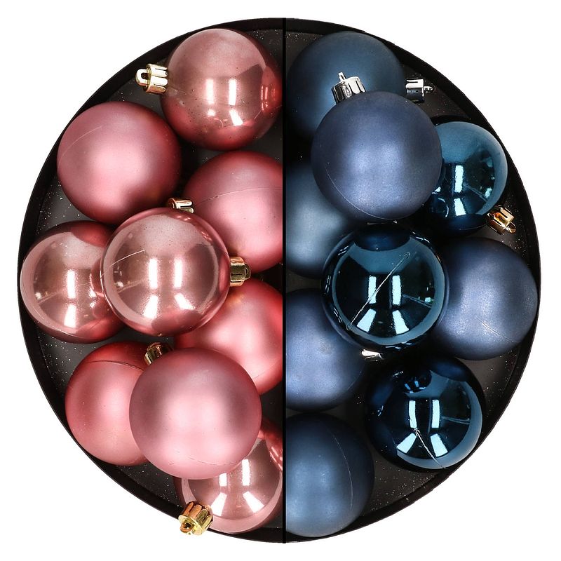 Foto van 24x stuks kunststof kerstballen mix van donkerblauw en oudroze 6 cm - kerstbal