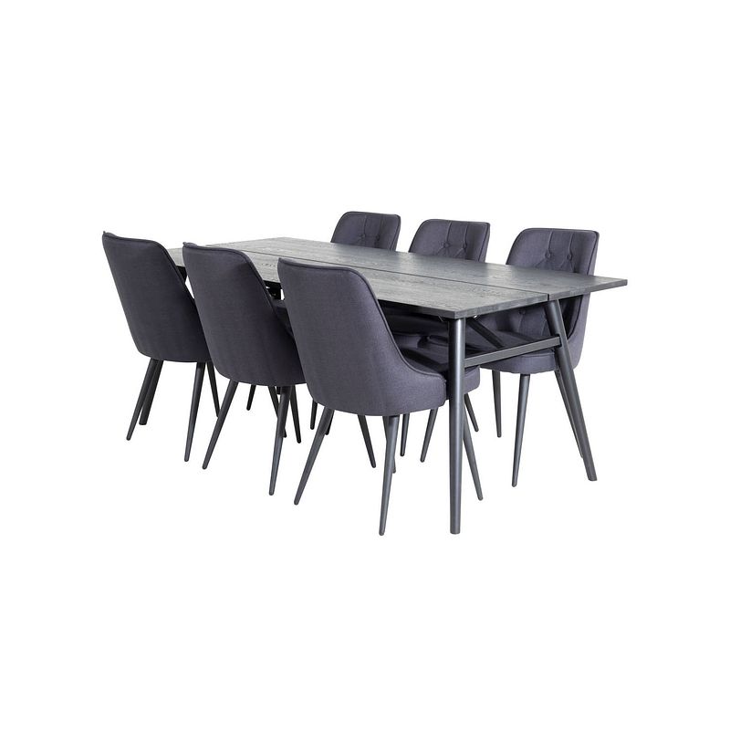 Foto van Sleek eethoek eetkamertafel uitschuifbare tafel lengte cm 195 / 280 zwart en 6 velvet deluxe eetkamerstal zwart.