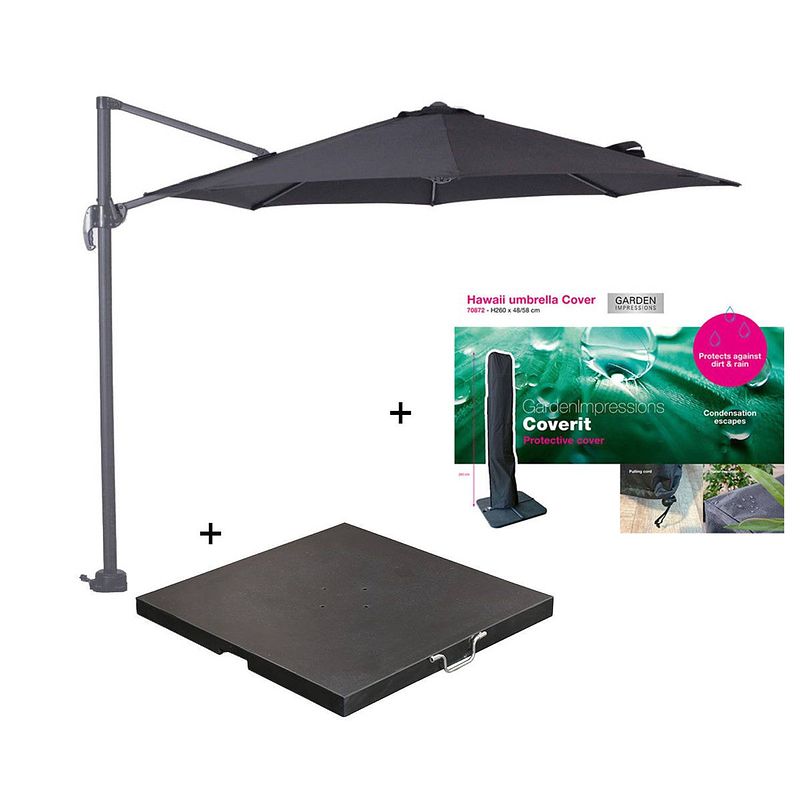 Foto van Garden impressions hawaii zweefparasol s ø300 - donker grijs/zwart met 60 kg parasolvoet en parasolhoes