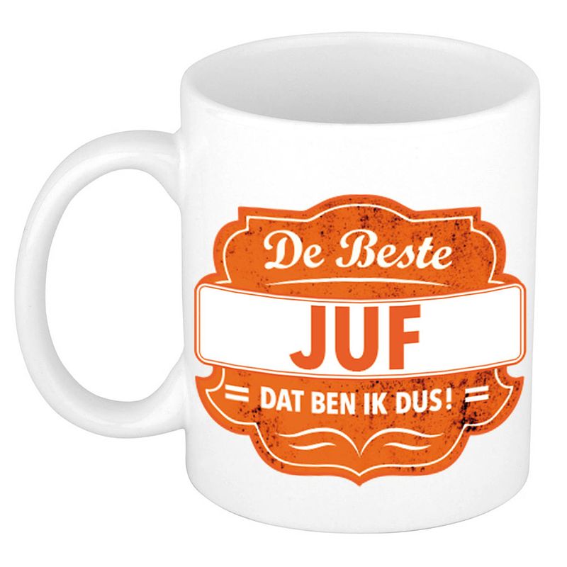 Foto van De beste juf cadeau koffiemok / theebeker oranje embleem 300 ml - feest mokken