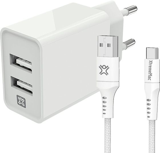 Foto van Xtrememac oplader met 2 usb a poorten 12w + usb c kabel 2m nylon wit