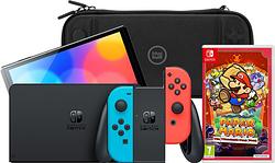 Foto van Nintendo switch oled rood/blauw + paper mario + bluebuilt beschermhoes