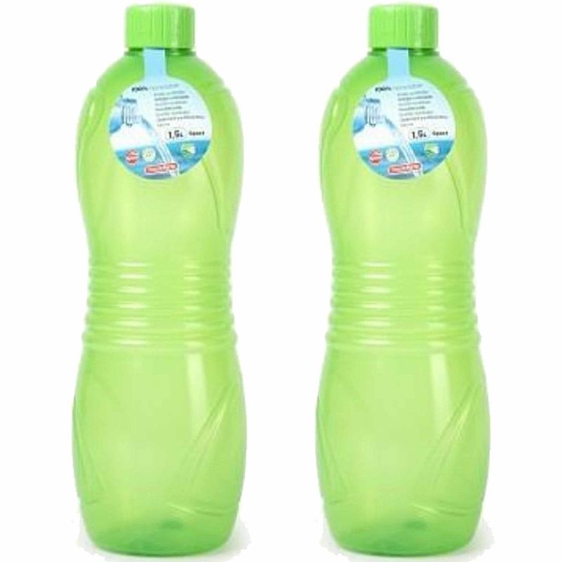 Foto van Plasticforte drinkfles/waterfles/bidon - 2x - 1500 ml - transparant/groen - kunststof - drinkflessen