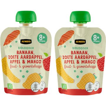 Foto van Jumbo biologisch fruit & groentehapje banaan, zoete aardappel, appel & mango 8+ maanden 2x 90g