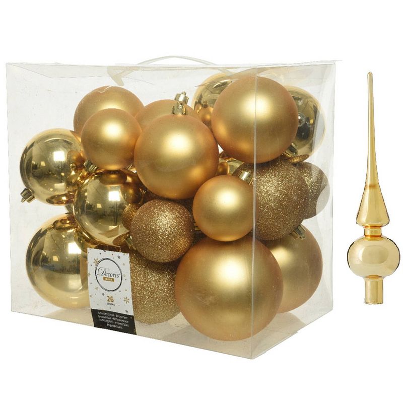 Foto van Kerstversiering kunststof kerstballen met piek goud 6-8-10 cm pakket van 27x stuks - kerstbal