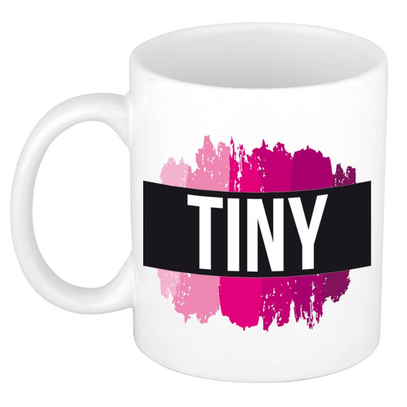 Foto van Naam cadeau mok / beker tiny met roze verfstrepen 300 ml - naam mokken