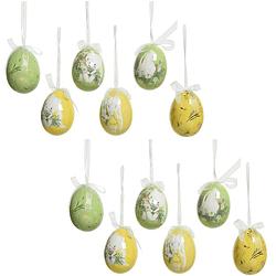 Foto van 18x stuks decoratie paaseieren hangend - 6 cm - konijntjes - foam - feestdecoratievoorwerp