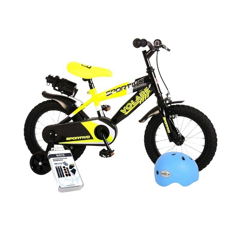 Foto van Volare kinderfiets sportivo - 14 inch - geel/zwart - inclusief fietshelm & accessoires