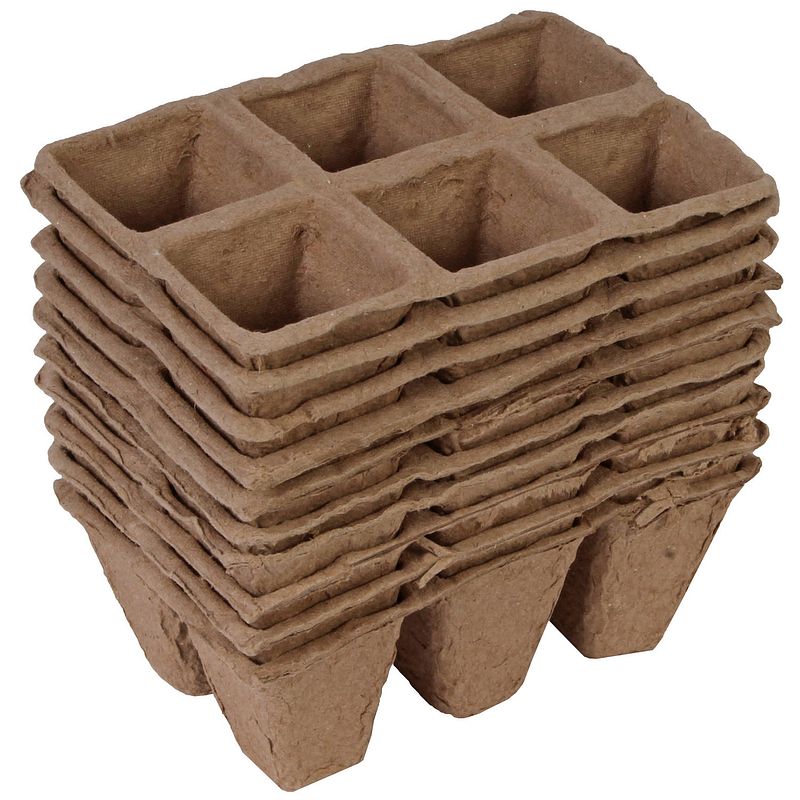 Foto van 10x stuks houtvezel kweekpotjes/stekpotjes trays met 6 vakjes 5 x 5 cm - stekpotjes