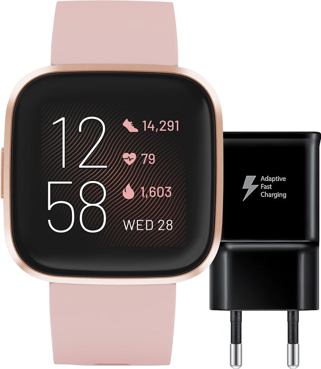 Foto van Fitbit versa 2 roze + samsung adaptive fast charging oplader 15w zwart