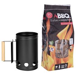 Foto van Bbq/barbecue briketten starter met houten handvat zwart 27 cm met 80x bbq aanmaakblokjes - barbecuegereedschapset
