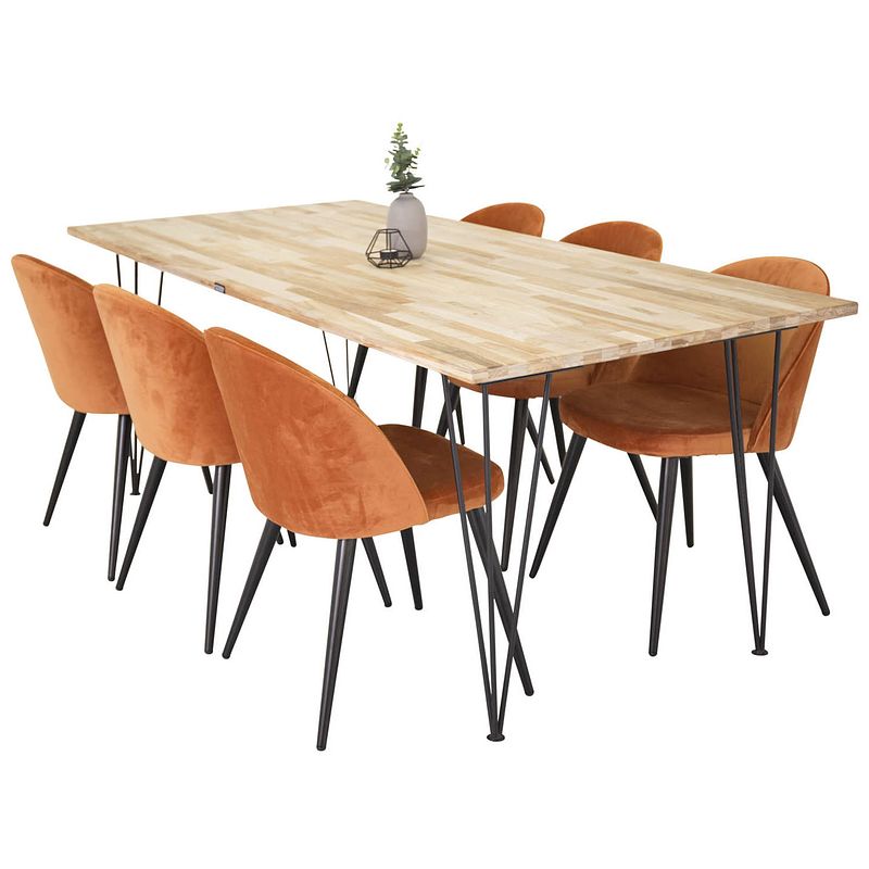 Foto van Bali eethoek eetkamertafel teakhout en 6 velvet eetkamerstal velours oranje, zwart.