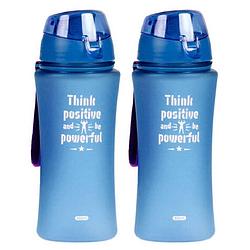 Foto van 2x sport bidon drinkfles/waterfles think positive print blauw 480 ml - drinkflessen