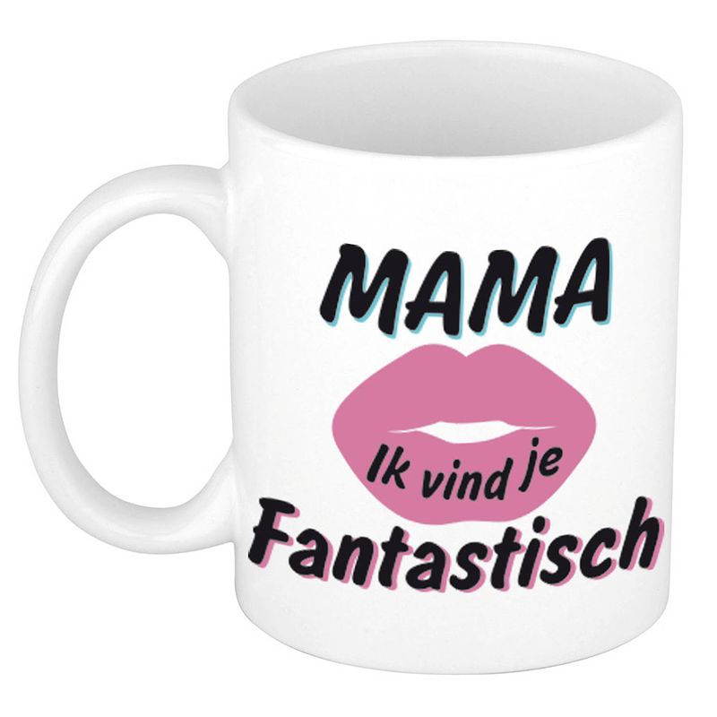 Foto van Mama ik vind je fantastisch cadeau mok / beker wit met roze kus 300 ml - feest mokken