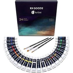 Foto van Rx goods 27 stuks acrylverf set met 24 tubes van 12 ml & 3 penselen - perfect voor op canvas, schilderij & papier