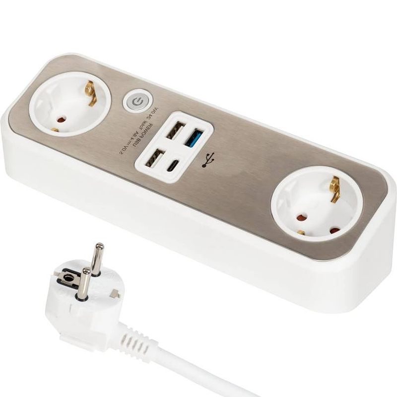 Foto van Stekkerdoos - bureau stekkerdoos - 2x schuko - 3x usb a - 1x usb c - zilver - allteq